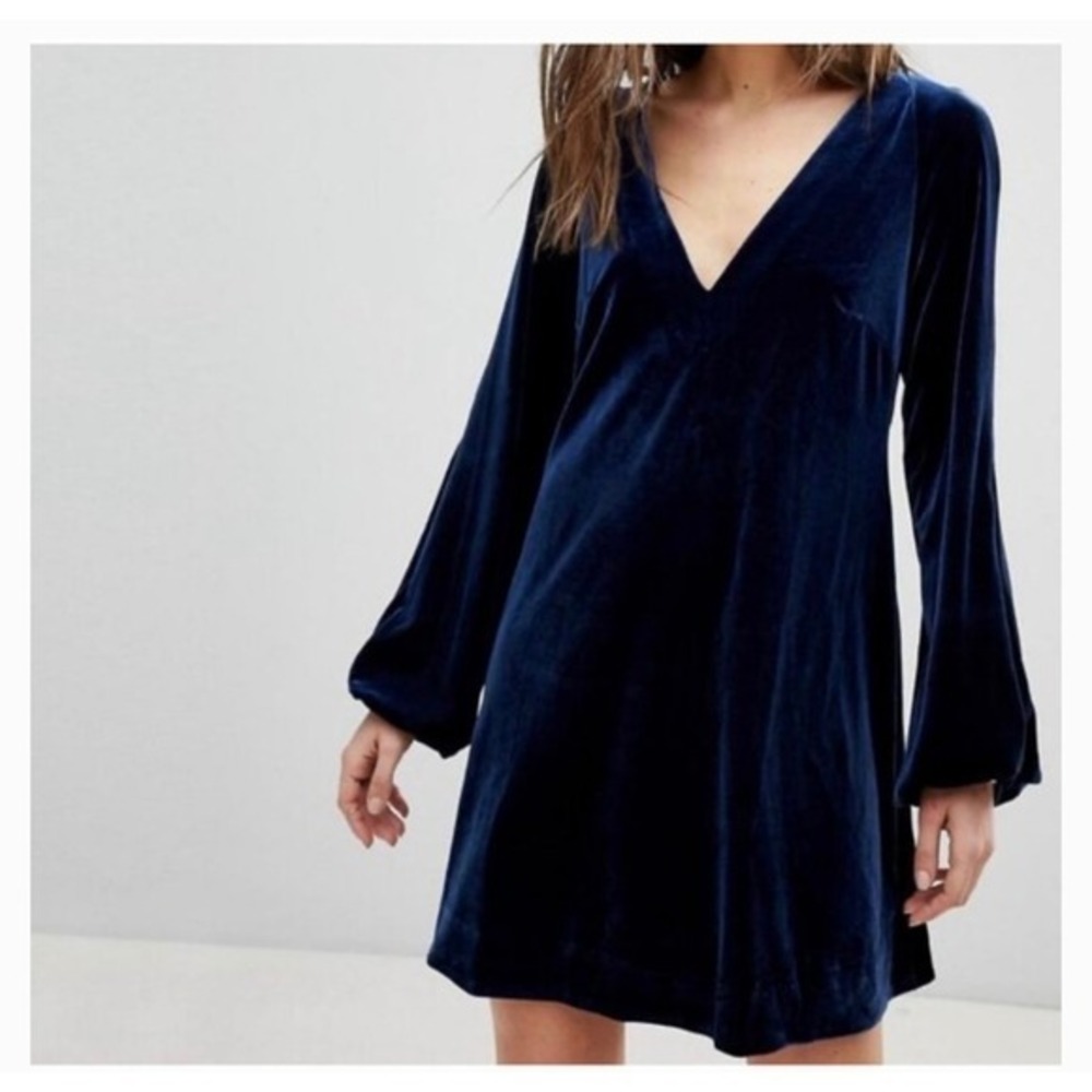 Free People Velvet Mini Dress Deep V-Neck Long Sleeve‎ Tie Back Blue S